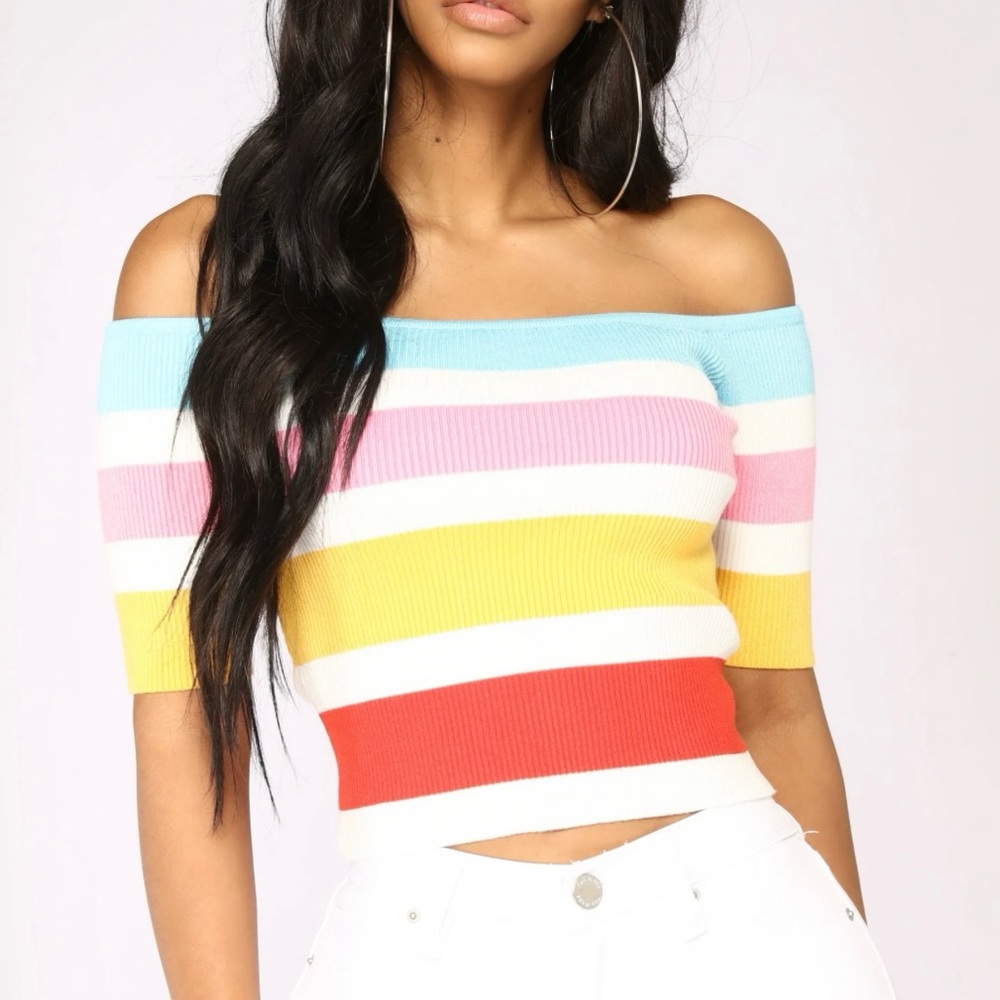 Fashion Nova Off-Shoulder Top - Multicolored Stripes Size Small